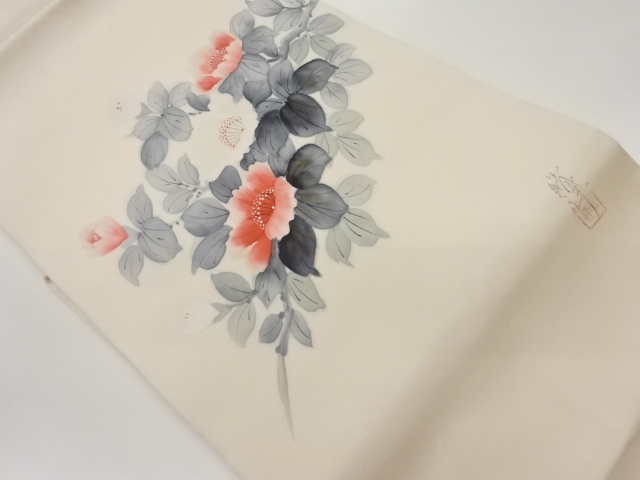 作家物　塩瀬金彩手描き花葉模様名古屋帯